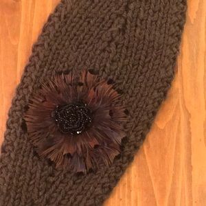 Knit Headband w/Feathers & Beads, Dark Olive OS